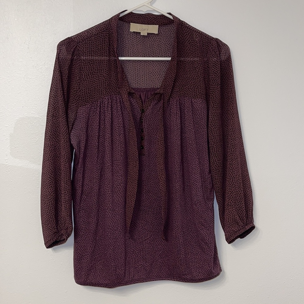 Loft printed purple tie neck blouse size medium